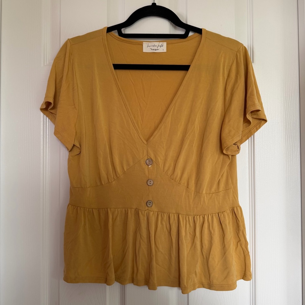 lavender field Mustard Yellow Button-Front Peplum Top